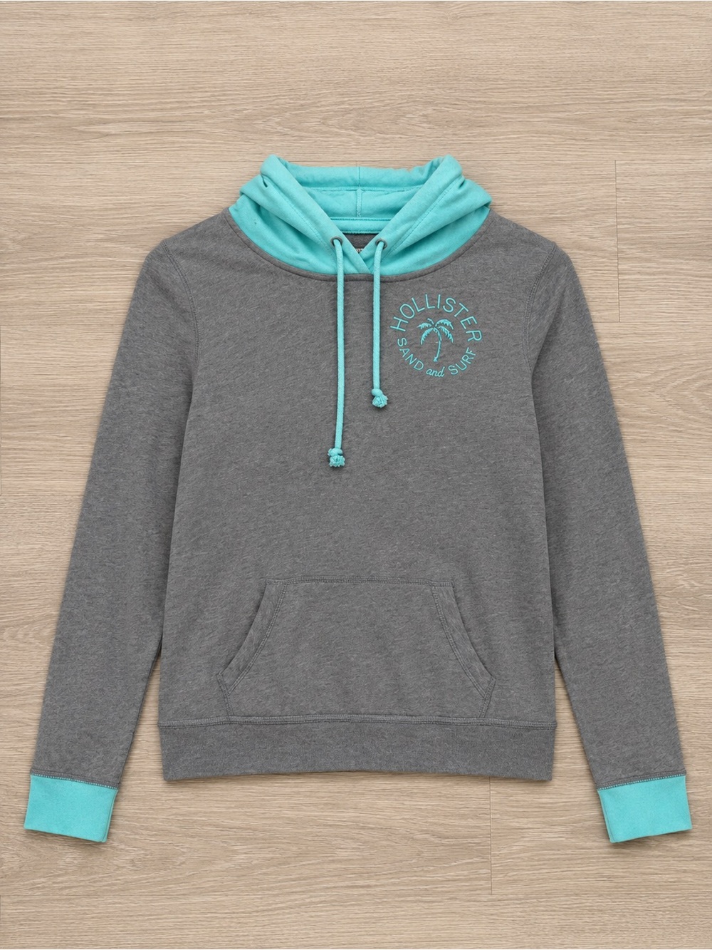 Hollister Gray Pullover Sweater with Aqua Hood & Accents
